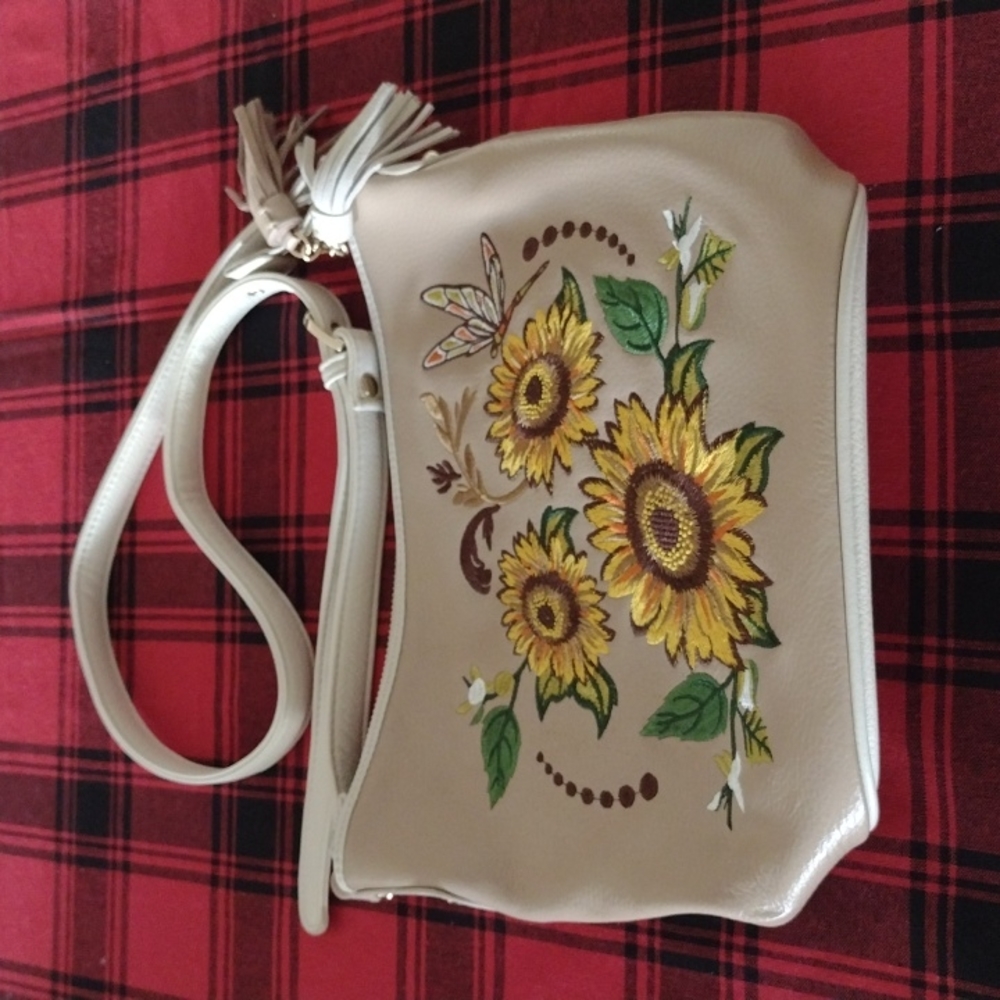 SHARIF 1827 Sunflower Embroidered Leather Crossbody Bag (b250) - Picture 11 of 13